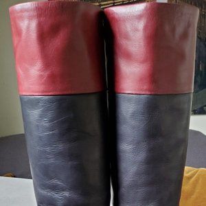 CHLOE Black Leather Riding Boot Burgundy Platform Wood Heel 39.5